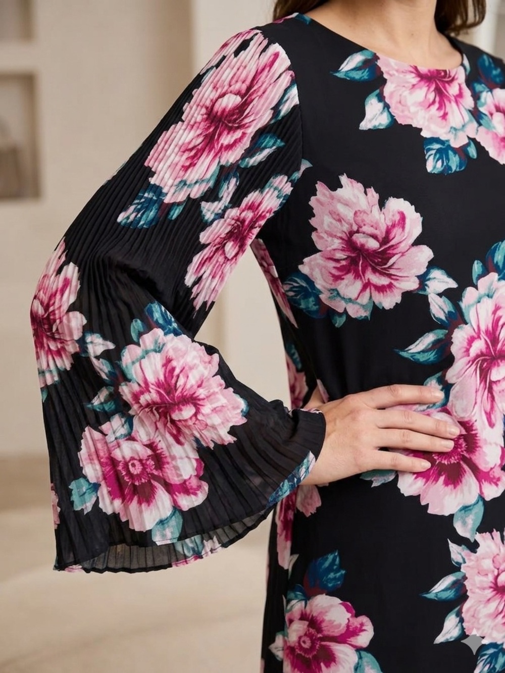 IMNYC Isaac Mizrahi Black Pink Floral Pleated Sleeve Sheath Dress M party 1504